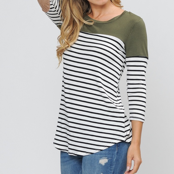 3/4 SLEEVE COLOR BLOCK TOP WITH ELBOW PATCH - Picture 4 of 7